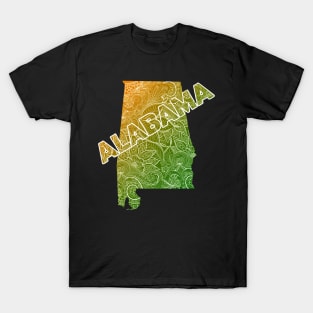 Colorful mandala art map of Alabama with text in green and orange T-Shirt